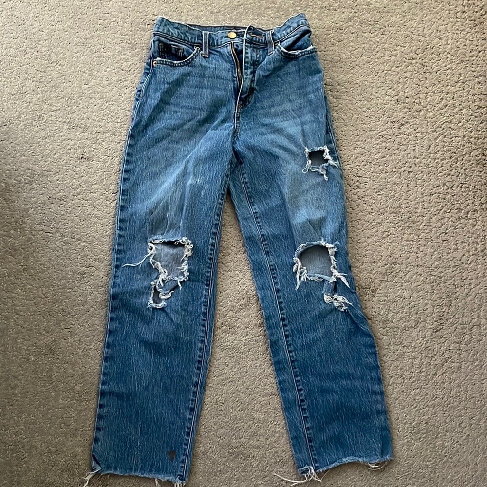 Blue, high waisted, ripped, jeans